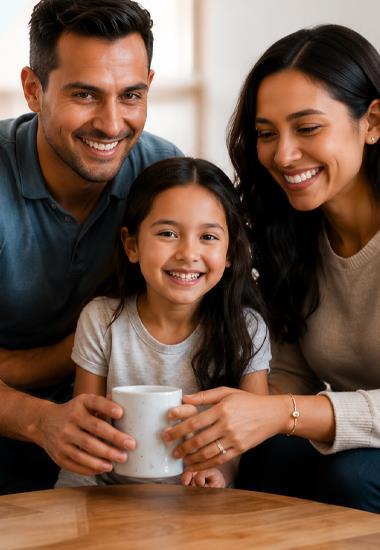 Family smiling together in a living room