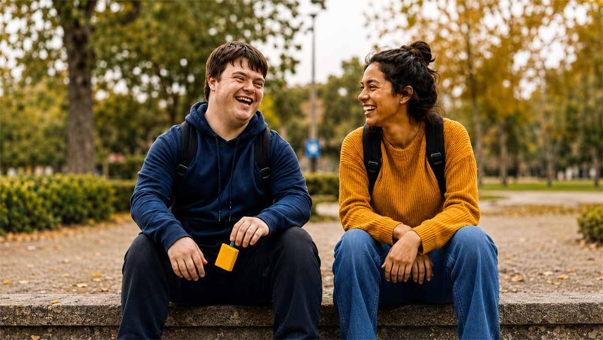 Two young adults laughing together outdoors