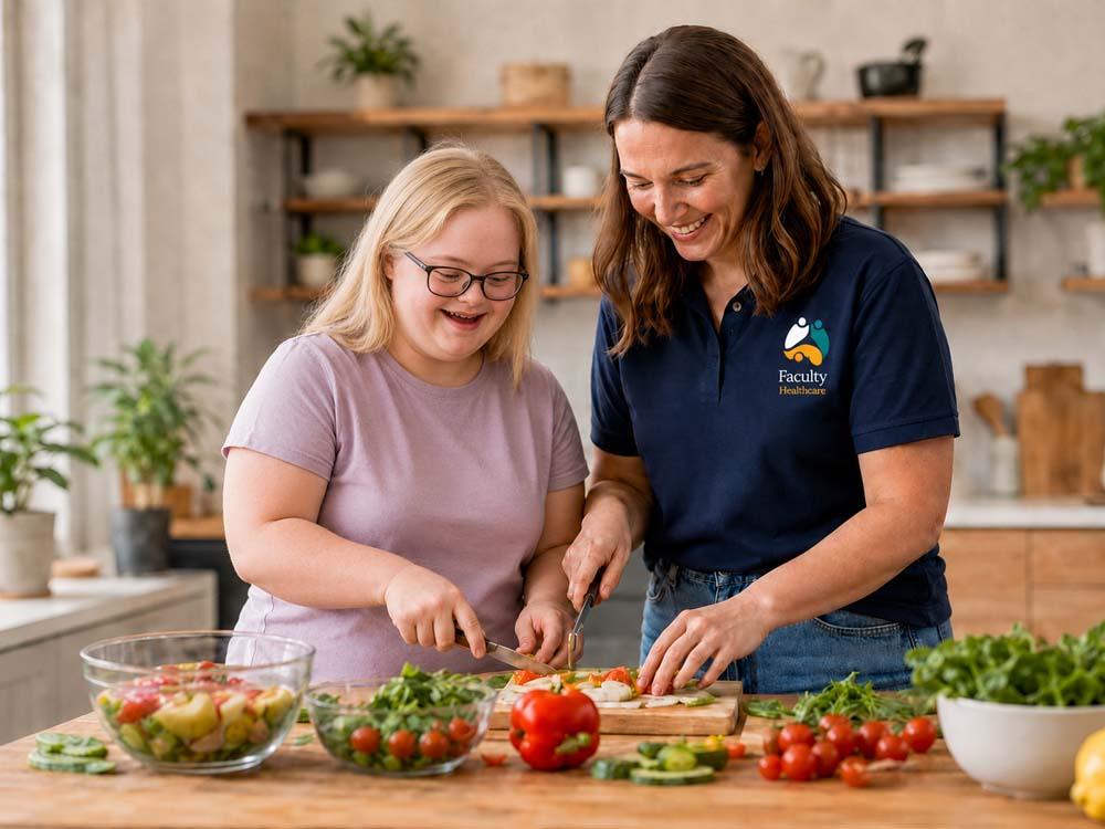 Support worker and client preparing a meal together in the kitchen