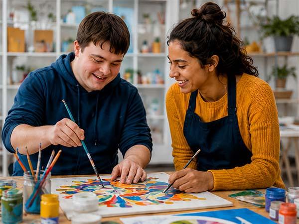 Support worker and client painting together in an art studio