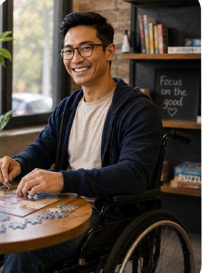 Young adult using a wheelchair completing a puzzle at a table